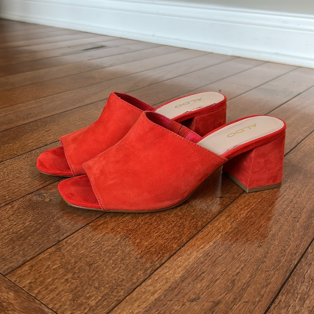 Aldo Resplandina Red Orange Suede Open Toe Heeled Mule - 6.5